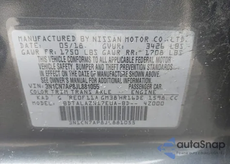 2018 Nissan Versa 1.6 S+ from USA, damaged, VIN 3N1CN7AP8JL881055